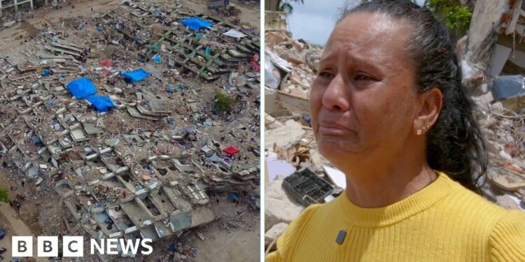 Split screen image showing an aerial view of a flattened apartment building and a woman in yellow looking distraught.