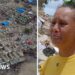 Split screen image showing an aerial view of a flattened apartment building and a woman in yellow looking distraught.