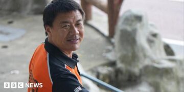 Wang Jibing in an orange polo shirt smiling at the camera