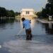 Workers clean the Lincoln Memorial Reflecting Pool on the National Mall on June 25, 2026 in Washington, DC.