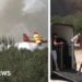 Composite image of a plane dropping water and a horse being loaded into a van, fire in the background