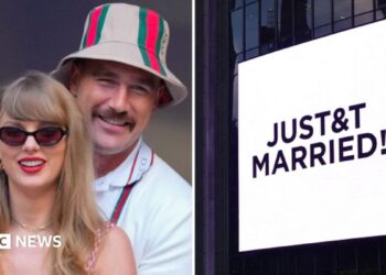 Taylor Swift and Travis Kelce smiling at an event prior to their wedding and a 'Just&t Married' sign at Madison Square Gardens, where their celebration was held
