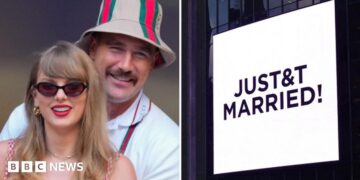 Taylor Swift and Travis Kelce smiling at an event prior to their wedding and a 'Just&t Married' sign at Madison Square Gardens, where their celebration was held