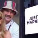 Taylor Swift and Travis Kelce smiling at an event prior to their wedding and a 'Just&t Married' sign at Madison Square Gardens, where their celebration was held