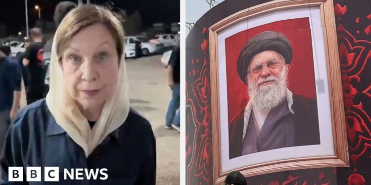 On the left, Lyse Doucet wear a dark jacket. On the right, an image of Iran's former supreme leader.