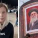 On the left, Lyse Doucet wear a dark jacket. On the right, an image of Iran's former supreme leader.