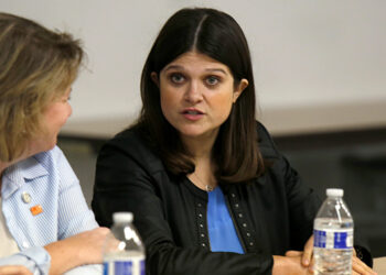 U.S. Congresswoman Stevens listens during a "End The Gun Violence" Town Hall in Michigan