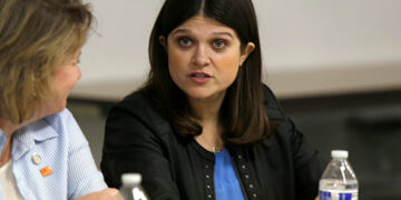 U.S. Congresswoman Stevens listens during a "End The Gun Violence" Town Hall in Michigan