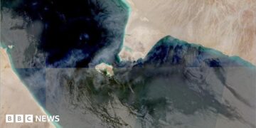 The Bab al-Mandab Strait in an aerial image.