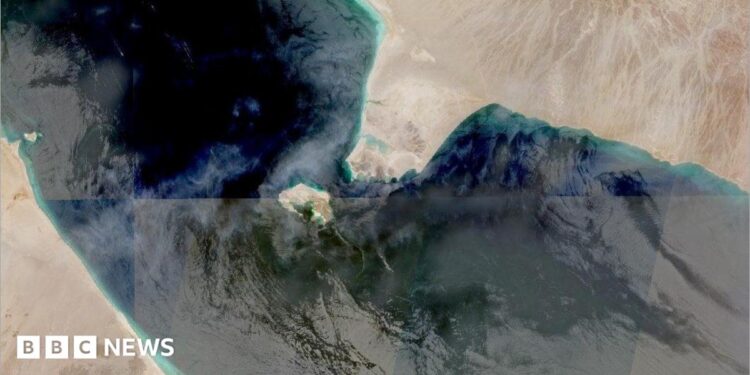 The Bab al-Mandab Strait in an aerial image.