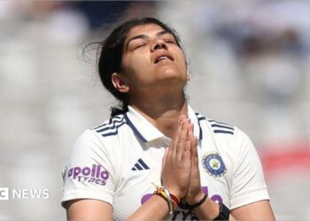 India batter Yastika Bhatia celebrates her century during day three of the 1st Women's Rothesay Test Match between England and India at Lord's Cricket Ground on July 12, 2026 in London, England.