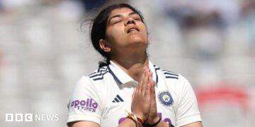 India batter Yastika Bhatia celebrates her century during day three of the 1st Women's Rothesay Test Match between England and India at Lord's Cricket Ground on July 12, 2026 in London, England.