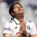 India batter Yastika Bhatia celebrates her century during day three of the 1st Women's Rothesay Test Match between England and India at Lord's Cricket Ground on July 12, 2026 in London, England.