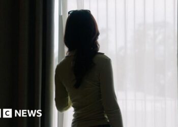 A woman looking out of a window from behind a sheer blind