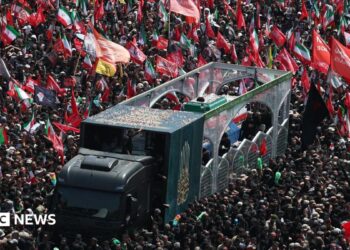 Iranians take part in the funeral procession for the late Iranian Supreme Leader Ayatollah Ali Khamenei in Tehran, Iran (6 July 2026)