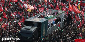 Iranians take part in the funeral procession for the late Iranian Supreme Leader Ayatollah Ali Khamenei in Tehran, Iran (6 July 2026)