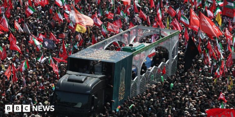 Iranians take part in the funeral procession for the late Iranian Supreme Leader Ayatollah Ali Khamenei in Tehran, Iran (6 July 2026)