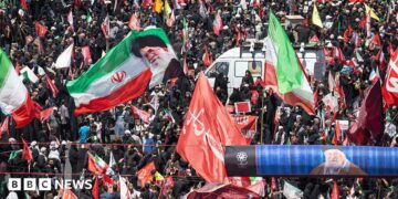 Thousands of mourners gather on a boulevard in Mashhad, northeastern Iran, ahead of the burial of Iran's late Supreme Leader Ayatollah Ali Khamenei (9 July 2026)