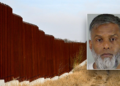 Composite image showing a tall steel U.S.-Mexico border wall with an inset booking photo of a gray-haired man with a full gray-and-white beard wearing a white shirt.