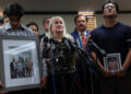 U.S. Rep. Sylvia Garcia, D-Houston, speaks at a July 8 press conference alongside family members of Lorenzo Salgado Araujo, who was shot and killed by an ICE agent on the morning of July 7, 2026.