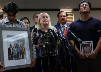 U.S. Rep. Sylvia Garcia, D-Houston, speaks at a July 8 press conference alongside family members of Lorenzo Salgado Araujo, who was shot and killed by an ICE agent on the morning of July 7, 2026.