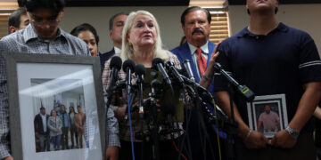 U.S. Rep. Sylvia Garcia, D-Houston, speaks at a July 8 press conference alongside family members of Lorenzo Salgado Araujo, who was shot and killed by an ICE agent on the morning of July 7, 2026.