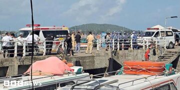 Ambulances line up on a pier to help victims after a tourist vessel capsized off Phu Quoc island in southern Vietnam. Photo: 11 July 2026