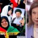 A lady who is crying holding up two pictures. On the right, Lyse Doucet