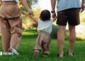 A young toddler is led away by his parents, who are holding each of his hands