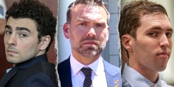 A split image showing Luigi Mangione, left, Jack Posobiec, center, and Tyler Robinson, right.
