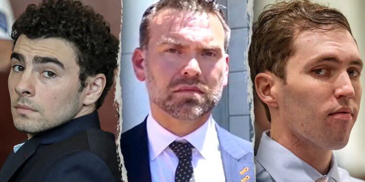 A split image showing Luigi Mangione, left, Jack Posobiec, center, and Tyler Robinson, right.
