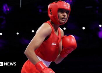 Jaismine of Team India looks on during the Women's 57kg preliminary round match between Jaismine of Team India and Nesthy Petecio of Team Philippines on day four of the Olympic Games Paris 2024 at North Paris Arena on July 30, 2024 in Paris, France. (Photo by Richard Pelham/Getty Images)