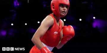 Jaismine of Team India looks on during the Women's 57kg preliminary round match between Jaismine of Team India and Nesthy Petecio of Team Philippines on day four of the Olympic Games Paris 2024 at North Paris Arena on July 30, 2024 in Paris, France. (Photo by Richard Pelham/Getty Images)