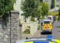 A blue and yellow Garda (Irish police) car is parked sideways across the walled entrance to a housing estate on a bright sunny day.  A male officer in a blue uniform stands close to the wall behind the car. There is another parked Garda car in the background.  The estate contains a small number of large detached houses.  Two yellow traffic cones are positioned on either side of the first patrol car.