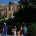 Tourists near the Acropolis in Athens, Greece