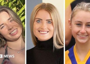 A composite image of three photos of the three blonde women, all smiling of the camera
