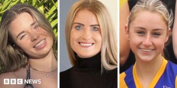 A composite image of three photos of the three blonde women, all smiling of the camera