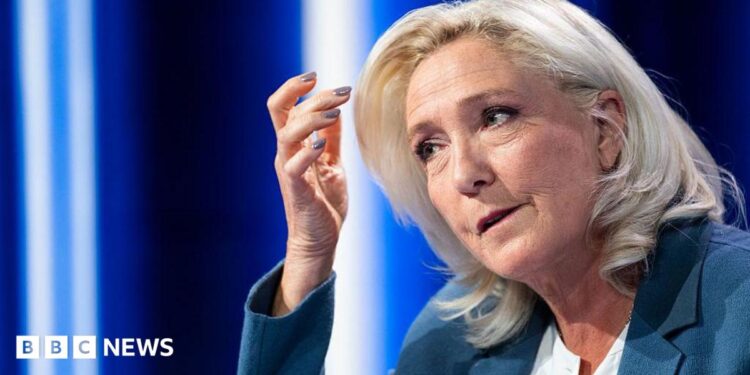 President of Rassemblement National parliamentary group Marine Le Pen poses poses ahead of a television interview entitled "Le Grand Entretien" broadcast on French news channel LCI, in Boulogne-Billancourt, southern of Paris on July 1, 2026