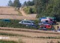 Emergency services work at the site where an unidentified flying object, believed to be a Russian cruise missile, as Ukraine's foreign minister said on Thursday, fell after violating Polish airspace