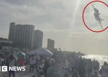 Jet flying above a crowd on a beach with a red circle around it.