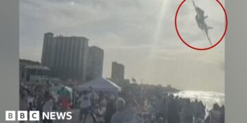 Jet flying above a crowd on a beach with a red circle around it.