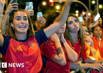 A female celebrates her country's World Cup win with her hands raised in a crowd full of Spanish supporters.