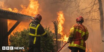 A firefighting crew deployed to battle a wildfire spreading in Lege-Cap-Ferret, south western France, late 24 July 2026.