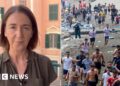 Composite image showing BBC's Sarah Rainsford on the left hand side and hundreds of migrants on Ceuta beach on the right