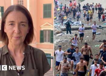 Composite image showing BBC's Sarah Rainsford on the left hand side and hundreds of migrants on Ceuta beach on the right
