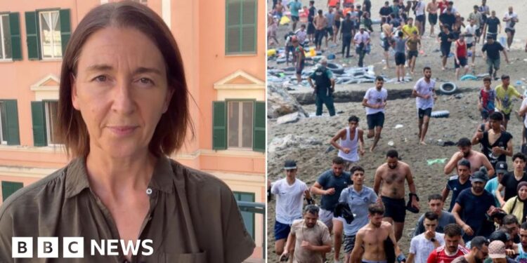 Composite image showing BBC's Sarah Rainsford on the left hand side and hundreds of migrants on Ceuta beach on the right