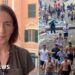 Composite image showing BBC's Sarah Rainsford on the left hand side and hundreds of migrants on Ceuta beach on the right