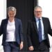 British Prime Minister Sir Keir Starmer (R) and British Foreign Secretary Yvette Cooper (L) disembark from a plane at Esenboga Airport ahead of the 2026 Nato summit in Ankara, 7 July