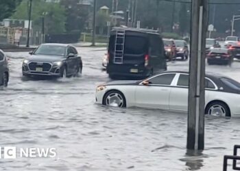 Car partially submerged in water.