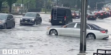 Car partially submerged in water.
